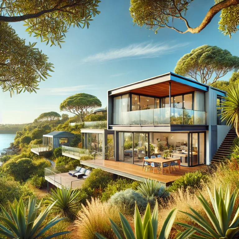A-beautiful-modern-house-typical-of-Waiheke-Island-New-Zealand-surrounded-by-lush-greenery-and-native-pohutukawa-trees.